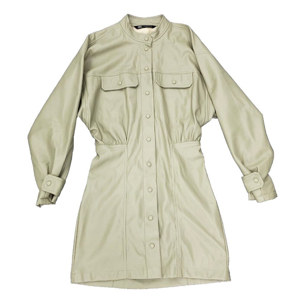 Zara Faux Leather Shirt Dress Womens XS Beige Snap Buttons Long Jacket Coat
